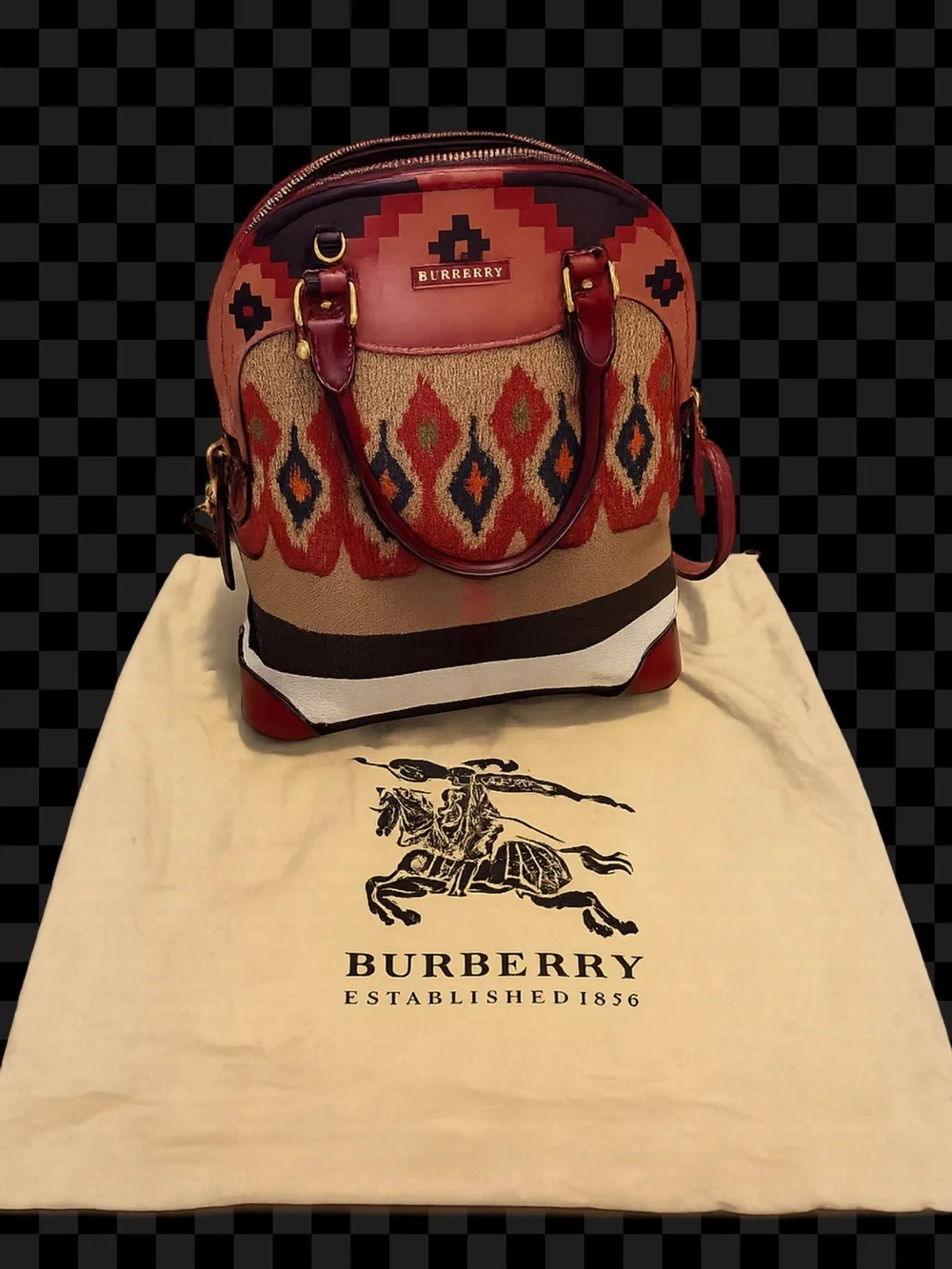 Burberry Red Patterned Canvas & Leather Top-Handle Bag